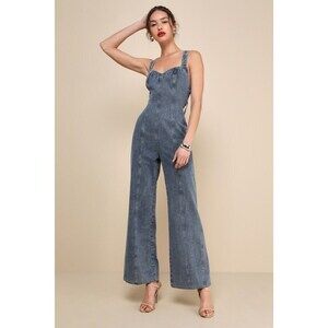 Lulus Trendsetting Personality Medium Wash Denim Backless Jumpsuit Blue - Size S